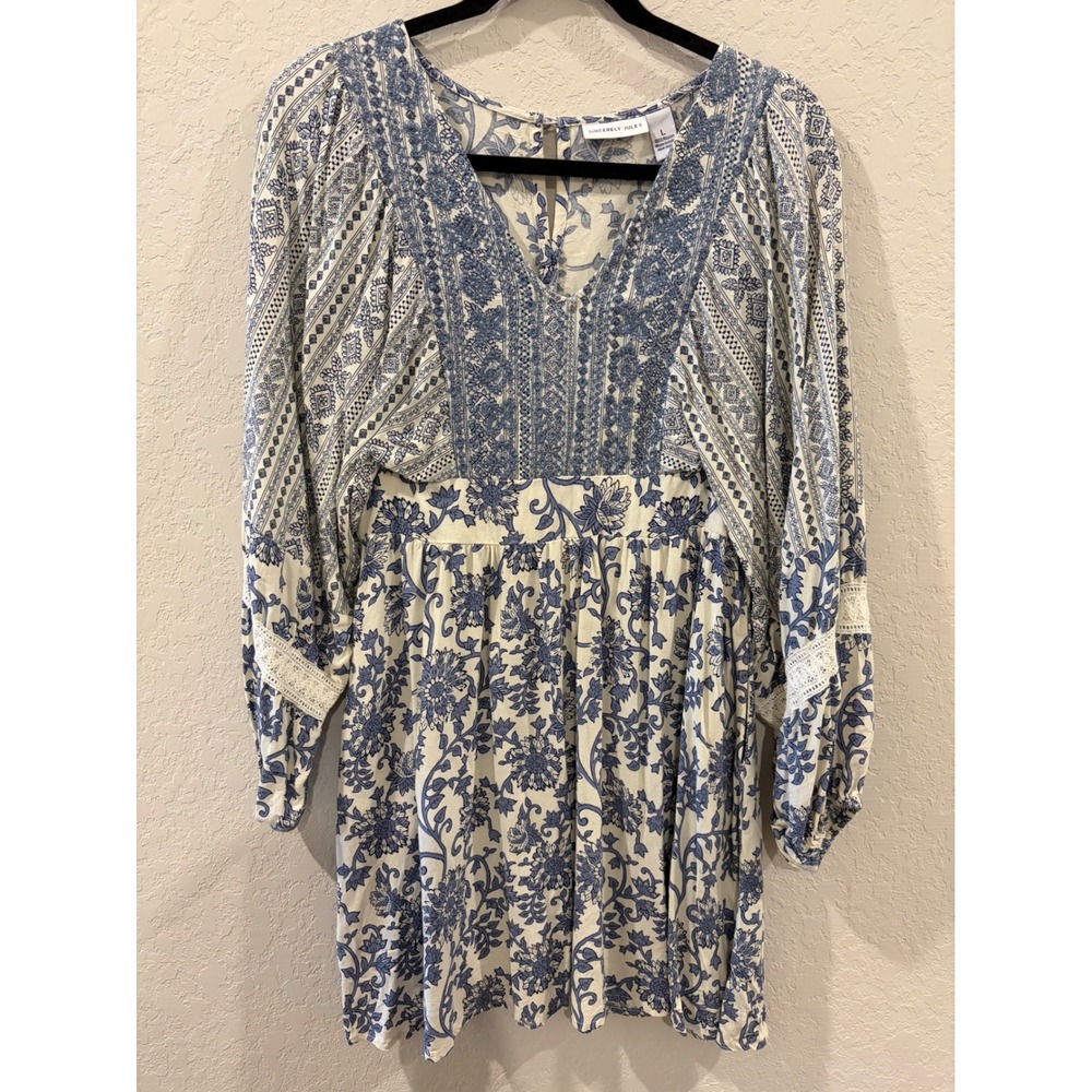 Sincerely Jules Blue White Floral Embroidered Boho Mini Dress Large Long Sleeve